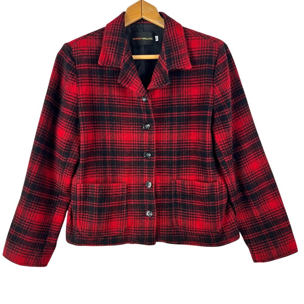 Harris/Wallace Women's Wool Blend Red Plaid Button Blazer Jacket USA Made SZ S